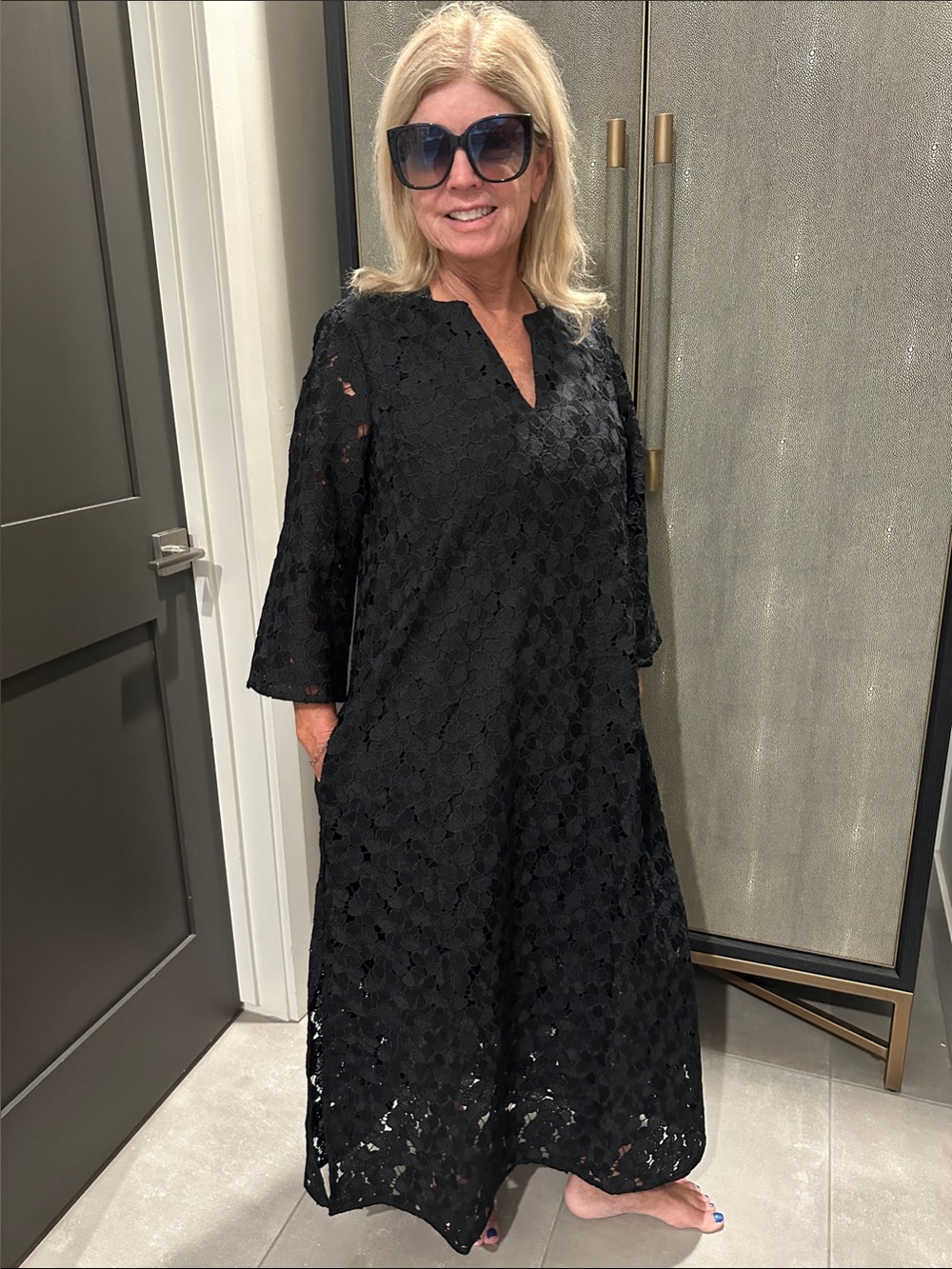 Designer Black Lace A-Line Women's Dress with 3/4 Sleeves